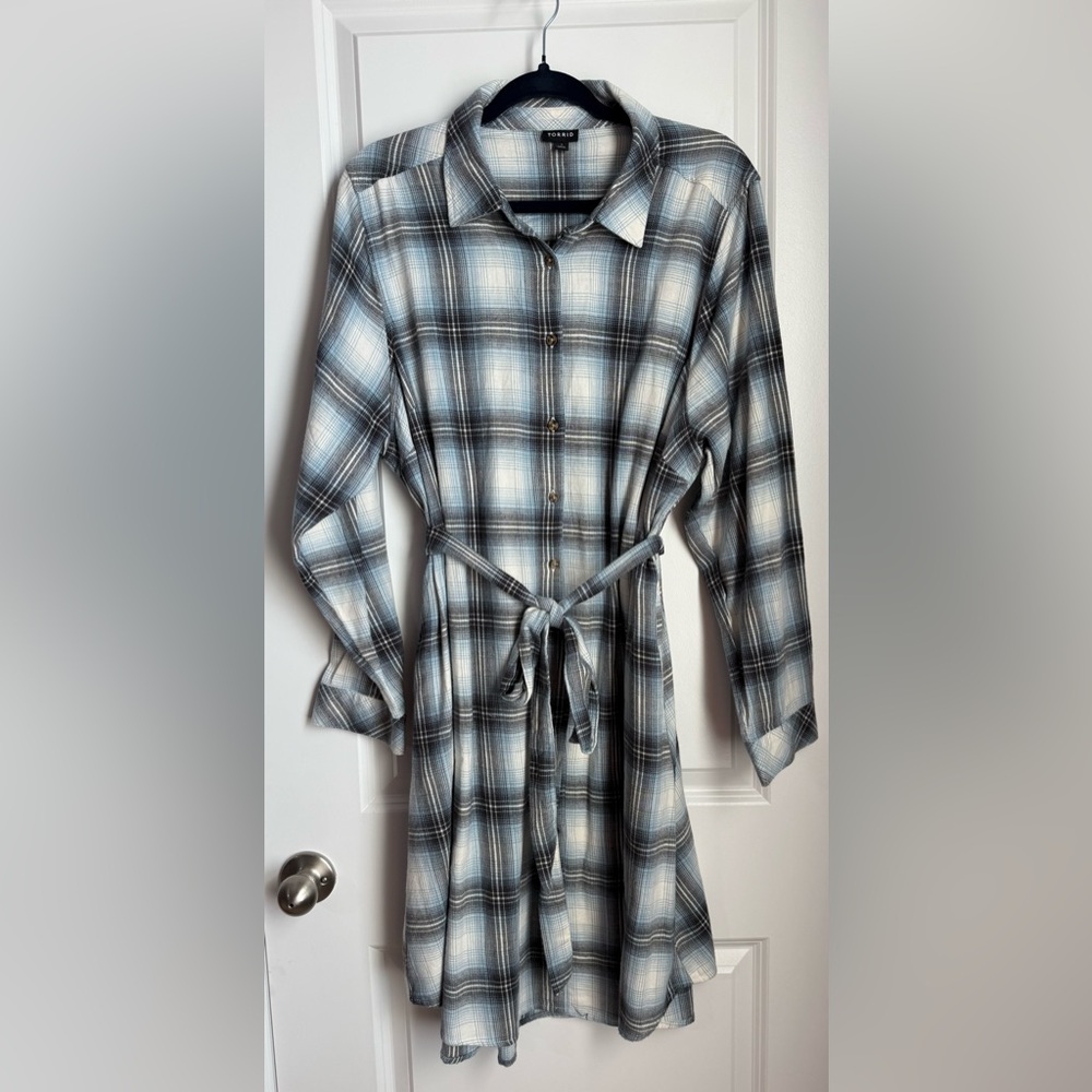 torrid Blue & Black Plaid Button-Down Shirt Dress with Waist Tie